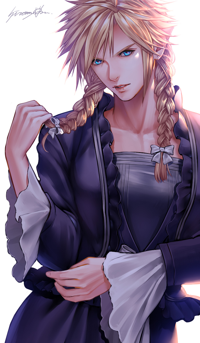 1boy blonde_hair bow braid cloud_strife crossdressinging dress final_fantasy final_fantasy_vii frills highres hiromyan looking_at_viewer playing_with_own_hair signature simple_background solo spiky_hair twin_braids white_background