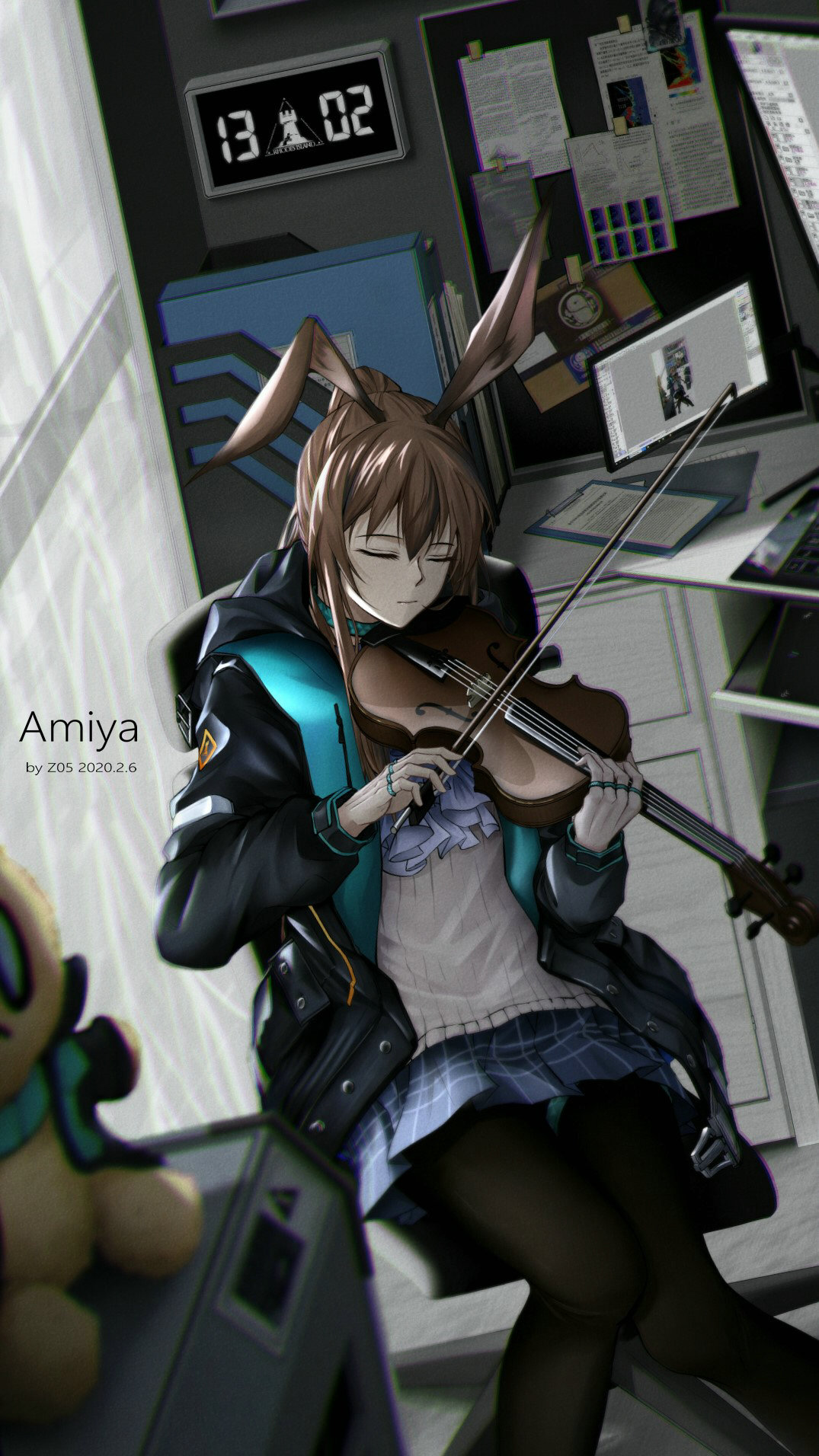 1girl amiya_(arknights) animal_ears arknights artist_name bangs black_jacket black_legwear blue_choker blue_skirt brown_hair chair character_name choker chromatic_aberration clock closed_eyes commentary dated digital_clock feet_out_of_frame hair_between_eyes highres holding holding_instrument indoors instrument jacket long_sleeves miniskirt music open_clothes open_jacket pantyhose plaid plaid_skirt playing_instrument rabbit_ears shirt short_hair sitting skirt solo stuffed_animal stuffed_toy violin white_shirt z_05