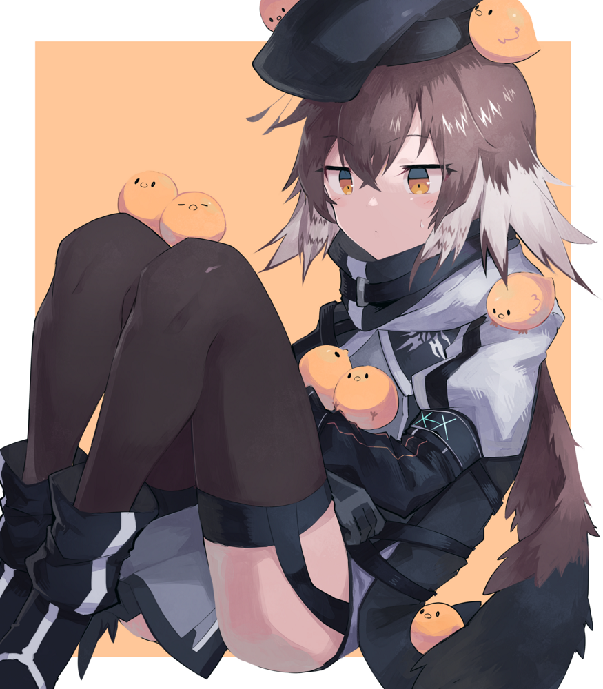 1girl arknights beret bird brown_hair brown_legwear chick garter_straps hat multicolored_hair plume_(arknights) sasa_onigiri short_hair solo thigh-highs two-tone_background two-tone_hair white_background yellow_background yellow_eyes