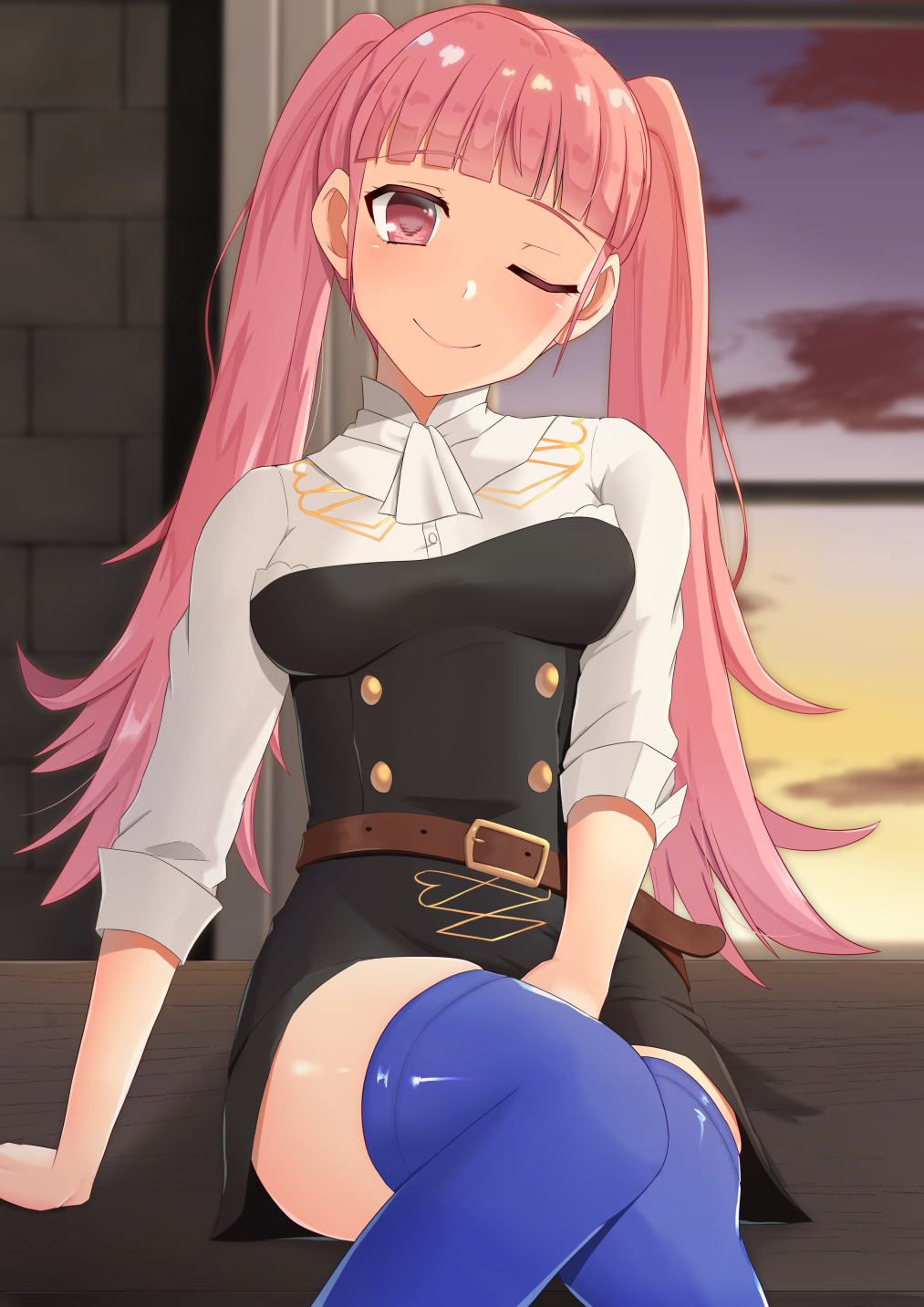 1girl belt blue_legwear closed_mouth fire_emblem fire_emblem:_three_houses garreg_mach_monastery_uniform highres hilda_valentine_goneril long_hair merc_tn one_eye_closed pink_eyes pink_hair smile solo thigh-highs twintails uniform