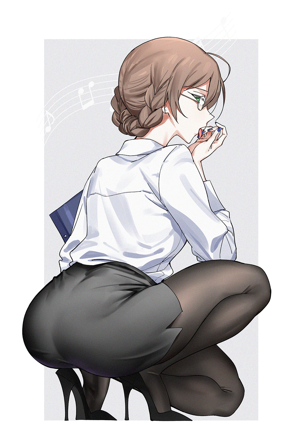 ahoge ass black_legwear blonde_hair braid from_behind green_eyes high_heels highres idolmaster idolmaster_million_live! idolmaster_million_live!_theater_days kneeling licking_hand liu_chi_tiantang_fr looking_back nail_polish office_lady pale_skin pantyhose sakuramori_kaori shirt stiletto_heels tongue tongue_out uniform