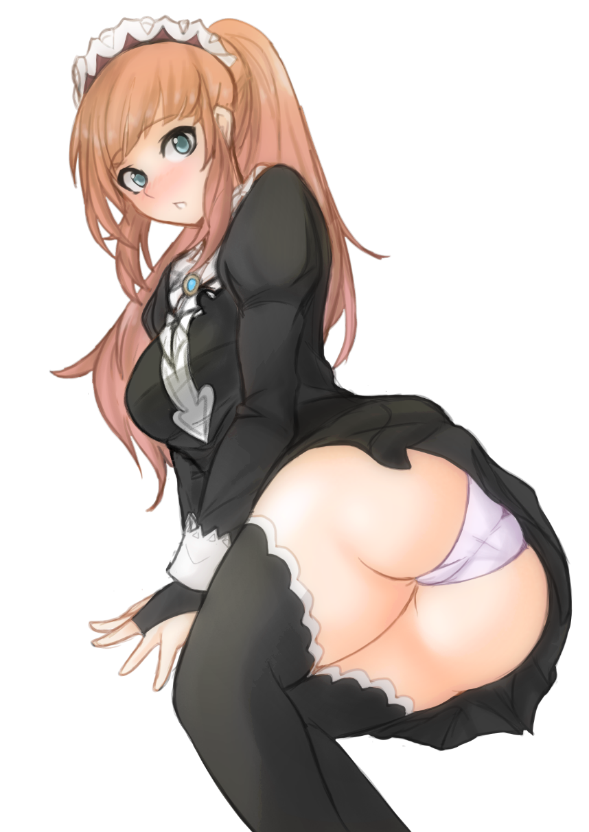 1girl ass bangs blue_eyes blush brown_hair curvy fallen_down felicia_(fire_emblem) fire_emblem fire_emblem_fates fire_emblem_heroes hair_ornament highres long_hair looking_at_viewer maid maid_dress maid_headdress panties parted_lips ponytail simple_background skirt solo thigh-highs transparent_background tridisart underwear