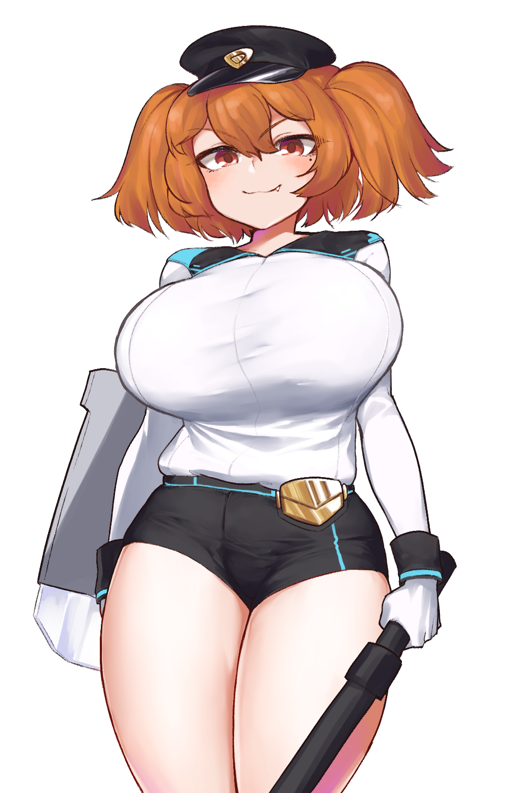 1girl :3 blush breasts cerberus_(last_origin) ckhd fang gloves hair_between_eyes hat highres huge_breasts jacket last_origin looking_at_viewer medium_hair mole mole_under_eye orange_hair peaked_cap red_eyes short_shorts shorts simple_background solo thighs white_background white_gloves white_jacket