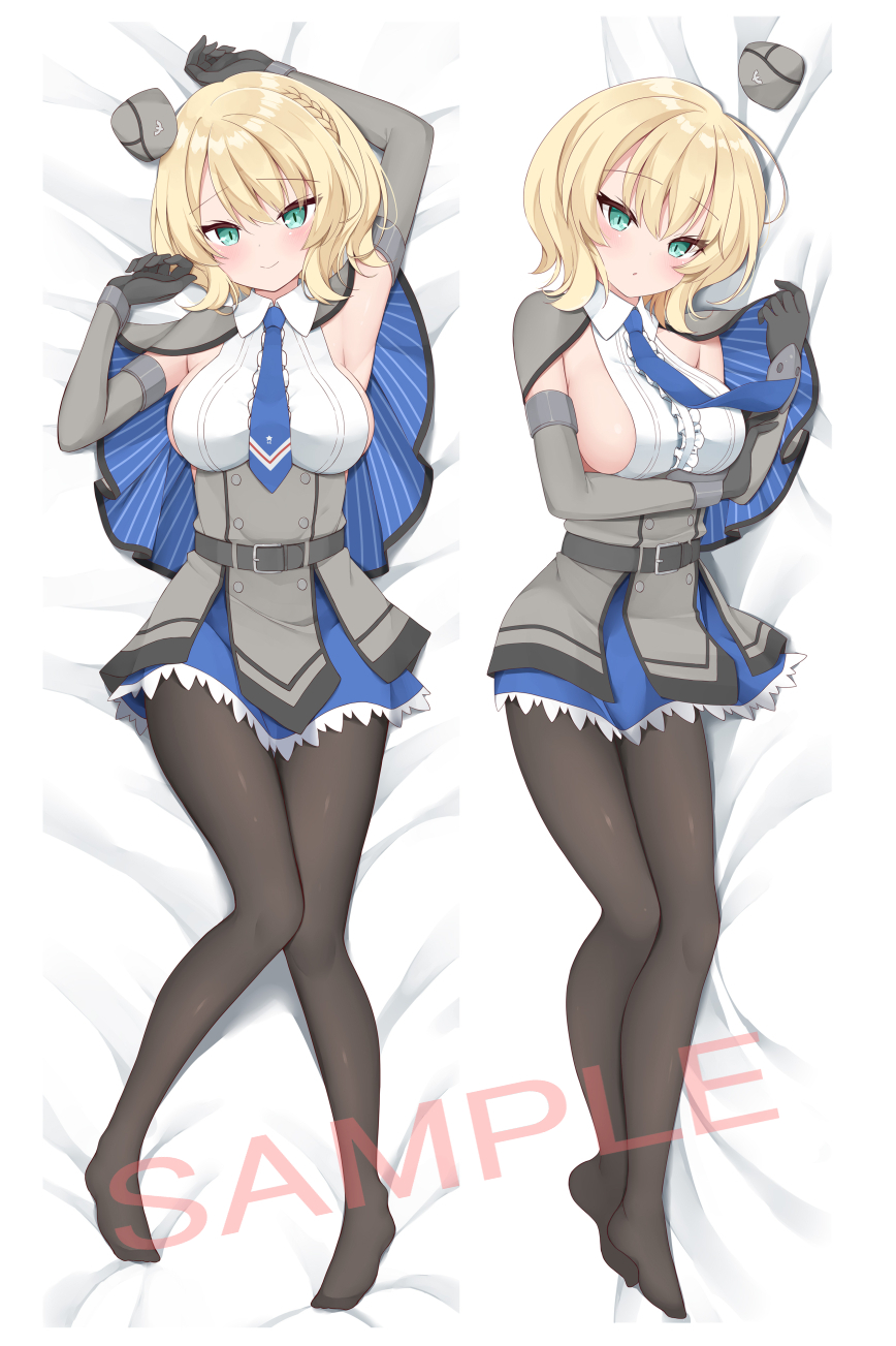 1girl aqua_eyes arm_up armpits bed_sheet belt black_gloves black_legwear blonde_hair blue_neckwear braid breasts capelet colorado_(kantai_collection) dakimakura dress elbow_gloves full_body garrison_cap gloves grey_dress grey_headwear hand_up hat headgear highres kamu_(geeenius) kantai_collection large_breasts lying multiple_views necktie on_back pantyhose pleated_dress shirt short_hair side_braids sideboob sleeveless watermark white_shirt