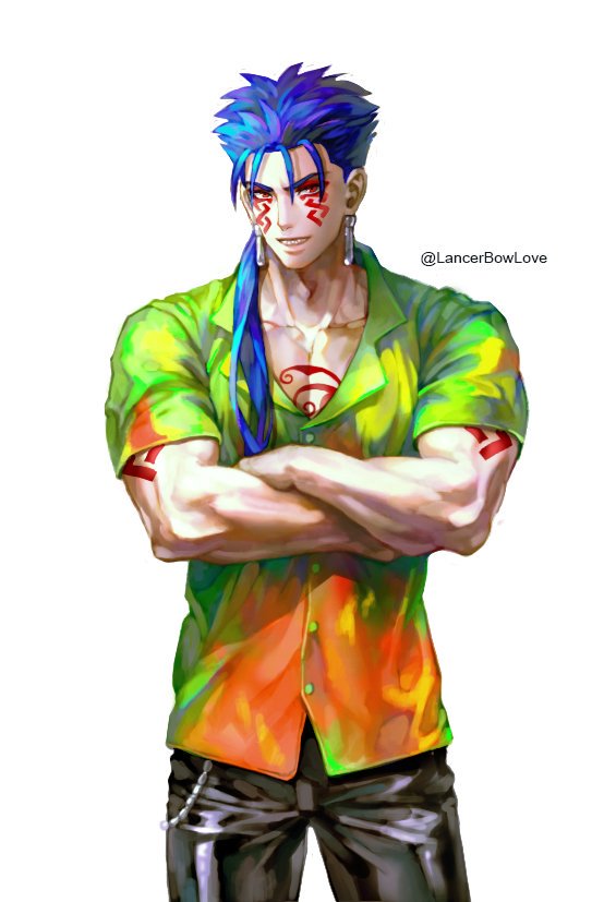 1boy blue_hair chest_tattoo crossed_arms cu_chulainn_(fate)_(all) cu_chulainn_alter_(fate/grand_order) facial_mark fate/grand_order fate/hollow_ataraxia fate_(series) grin hawaiian_shirt kim_yura_(goddess_mechanic) long_hair male_focus ponytail red_eyes shirt smile solo tattoo tied_hair