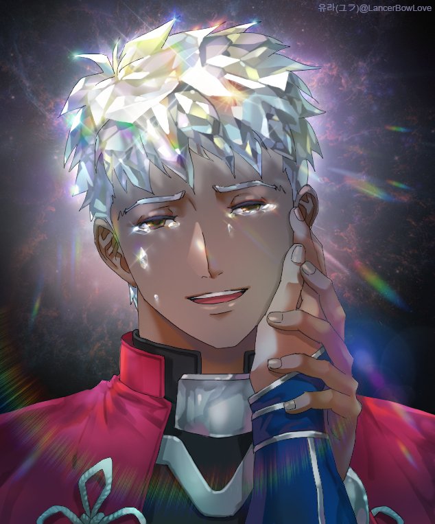1boy archer brown_eyes crying crystal_hair cu_chulainn_(fate)_(all) dark_skin dark_skinned_male fate/stay_night fate_(series) hair_down hand_on_another's_face kim_yura_(goddess_mechanic) lancer male_focus multicolored_hair smile solo_focus tears white_hair