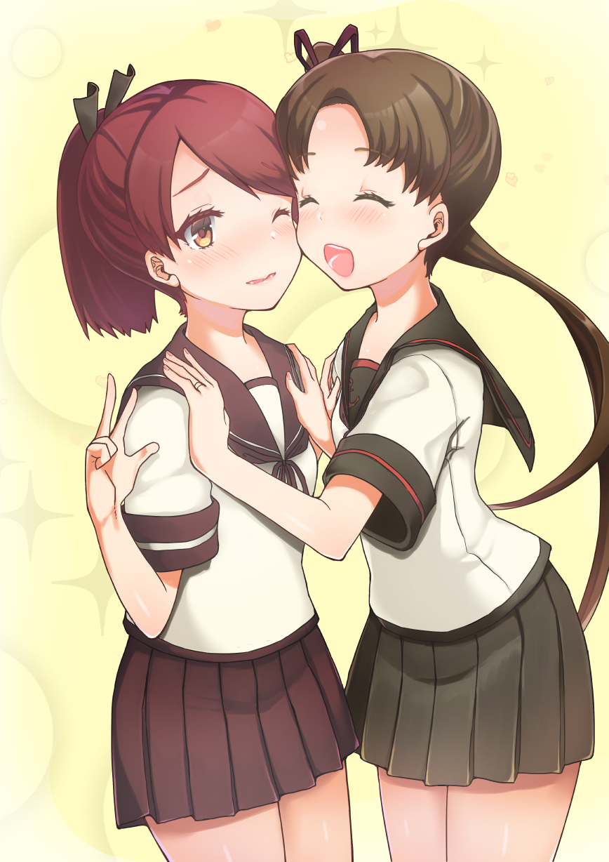 2girls ayanami_(kantai_collection) bangs blush breasts brown_hair brown_sailor_collar brown_skirt cheek-to-cheek closed_eyes commentary_request cowboy_shot cyoujineko eyelashes gradient gradient_background hands_on_another's_shoulders highres kantai_collection long_hair looking_at_viewer miniskirt multiple_girls one_eye_closed open_mouth parted_bangs pink_lips pleated_skirt ponytail sailor_collar school_uniform serafuku shikinami_(kantai_collection) short_sleeves side_ponytail skirt small_breasts standing tongue upper_teeth wavy_mouth yellow_background