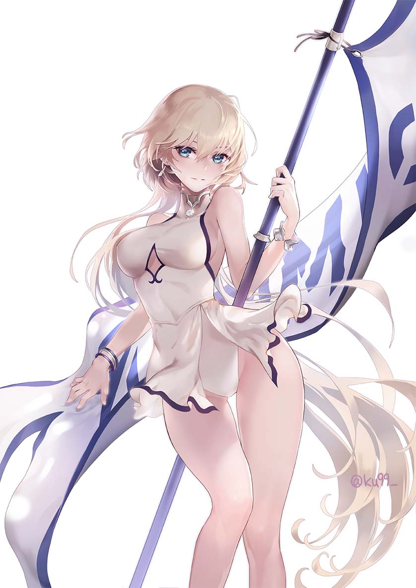 1girl aqua_eyes bangs banner bare_legs bare_shoulders blonde_hair bracelet breasts earrings fate_(series) feet_out_of_frame holding jeanne_d'arc_(fate) jeanne_d'arc_(fate)_(all) jewelry ku99_(kugugu) leotard long_hair looking_at_viewer medium_breasts parted_lips simple_background smile solo standing thigh_gap thighs twitter_username underboob_cutout v-shaped_eyebrows white_background white_leotard