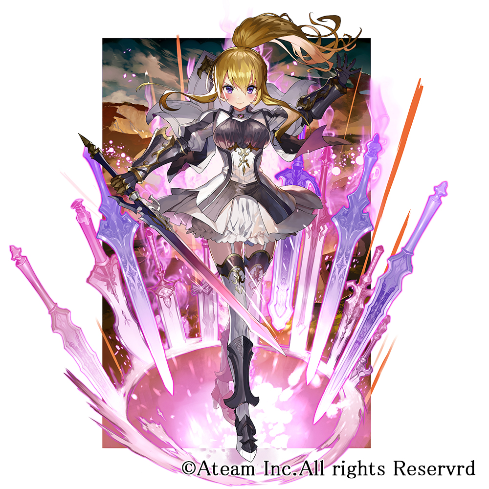 1girl aura blonde_hair breasts closed_mouth dielle_(valkyrie_connect) dress eyebrows_visible_through_hair floating_hair full_body garter_straps gauntlets hair_between_eyes holding holding_sword holding_weapon large_breasts looking_at_viewer matsui_hiroaki official_art ponytail short_dress smile solo standing sword thigh-highs valkyrie_connect violet_eyes watermark weapon white_dress zettai_ryouiki