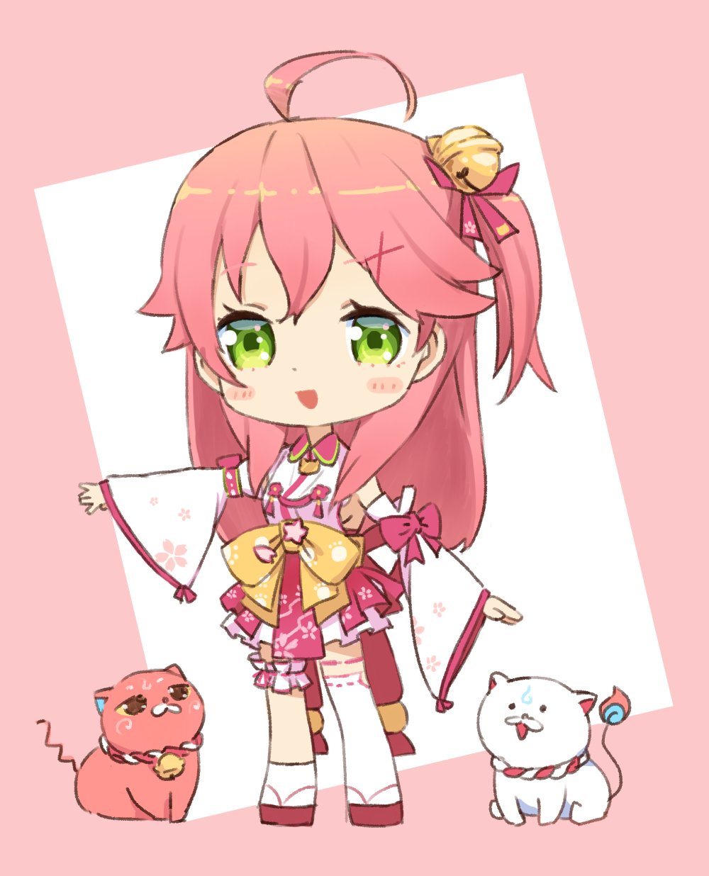 1girl 35p_(miko_channel) ahoge bell blush cat cherry_blossom_print chibi detached_sleeves floral_print full_body green_eyes hair_bell hair_ornament hairclip highres hololive kintoki_(miko_channel) long_hair looking_at_viewer nontraditional_miko one_side_up open_mouth pasara_hirahara pink_cat pink_footwear pink_hair sakura_miko sandals standing virtual_youtuber white_cat