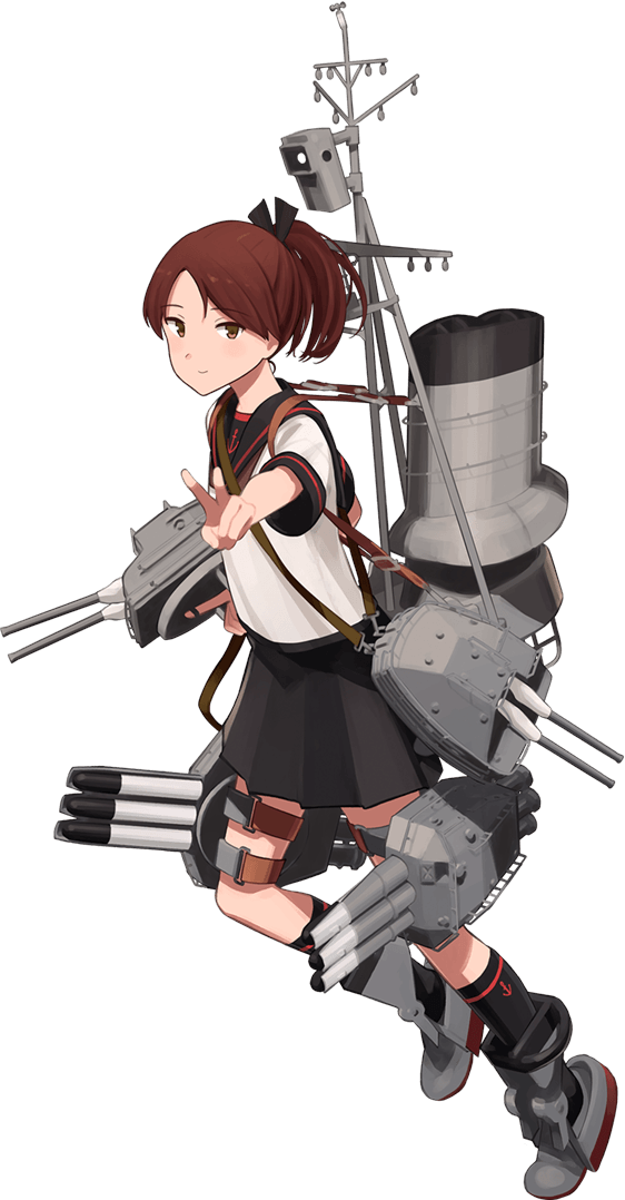 1girl black_legwear black_sailor_collar black_skirt brown_eyes brown_hair eyebrows_visible_through_hair full_body kantai_collection kneehighs machinery official_art pleated_skirt ponytail remodel_(kantai_collection) sailor_collar school_uniform serafuku shibafu_(glock23) shikinami_(kantai_collection) short_hair short_sleeves skirt smile smokestack solo transparent_background turret v