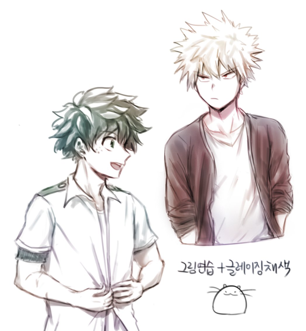2boys artist_logo bakugou_katsuki blonde_hair boku_no_hero_academia buttoning collarbone commentary_request eyebrows_visible_through_hair freckles frown green_eyes green_hair hamsue hands_in_pockets korean_commentary korean_text looking_at_another messy_hair midoriya_izuku multiple_boys open_mouth red_eyes scar school_uniform short_hair simple_background smile spiky_hair translation_request u.a._school_uniform upper_body v-shaped_eyebrows white_background
