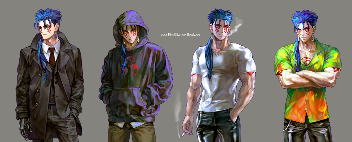 4boys blue_hair casual cigarette cu_chulainn_(fate)_(all) cu_chulainn_alter_(fate/grand_order) facial_mark fate/grand_order fate/hollow_ataraxia fate_(series) formal hawaiian_shirt hood hoodie kim_yura_(goddess_mechanic) long_hair male_focus multiple_boys multiple_persona ponytail red_eyes shirt suit t-shirt tied_hair upper_body