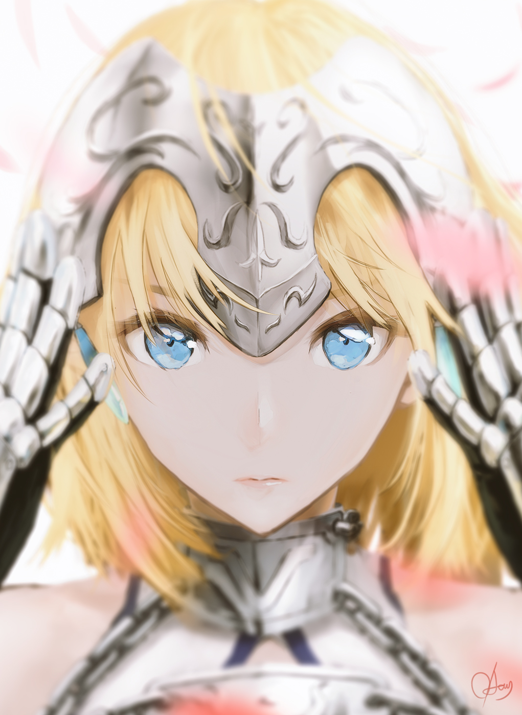 1girl armor bangs blonde_hair blue_eyes chain fate/apocrypha fate/grand_order fate_(series) gauntlets headpiece highres jeanne_d'arc_(fate) jeanne_d'arc_(fate)_(all) looking_at_viewer ojay_tkym signature solo