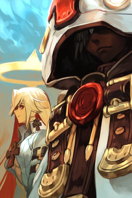 ankh bodysuit breasts closed_mouth dark_skin guilty_gear guilty_gear_xrd halo hankuri hood jack-o'_valentine large_breasts long_hair multiple_girls ramlethal_valentine red_eyes simple_background smile under_boob white_hair