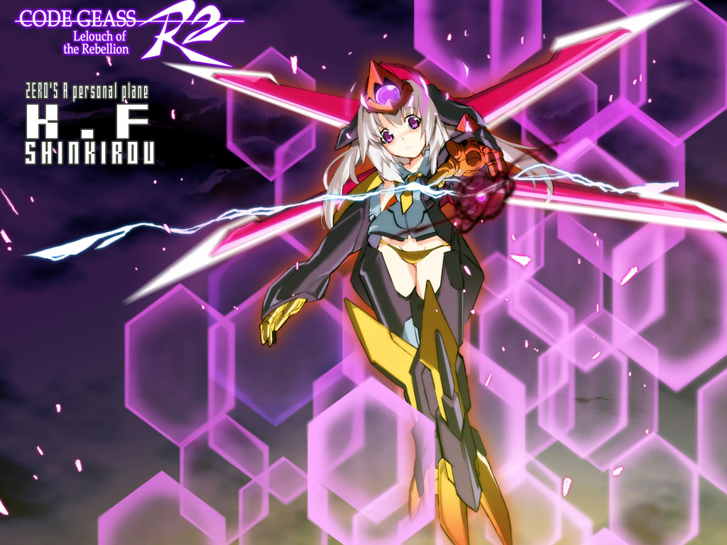1girl armor bangs barrier beam_cannon character_name code_geass commentary_request copyright_name english_text eyebrows_visible_through_hair flying long_hair looking_at_viewer mecha_musume okiura panties shinkirou sidelocks solo underwear violet_eyes white_hair yellow_neckwear yellow_panties