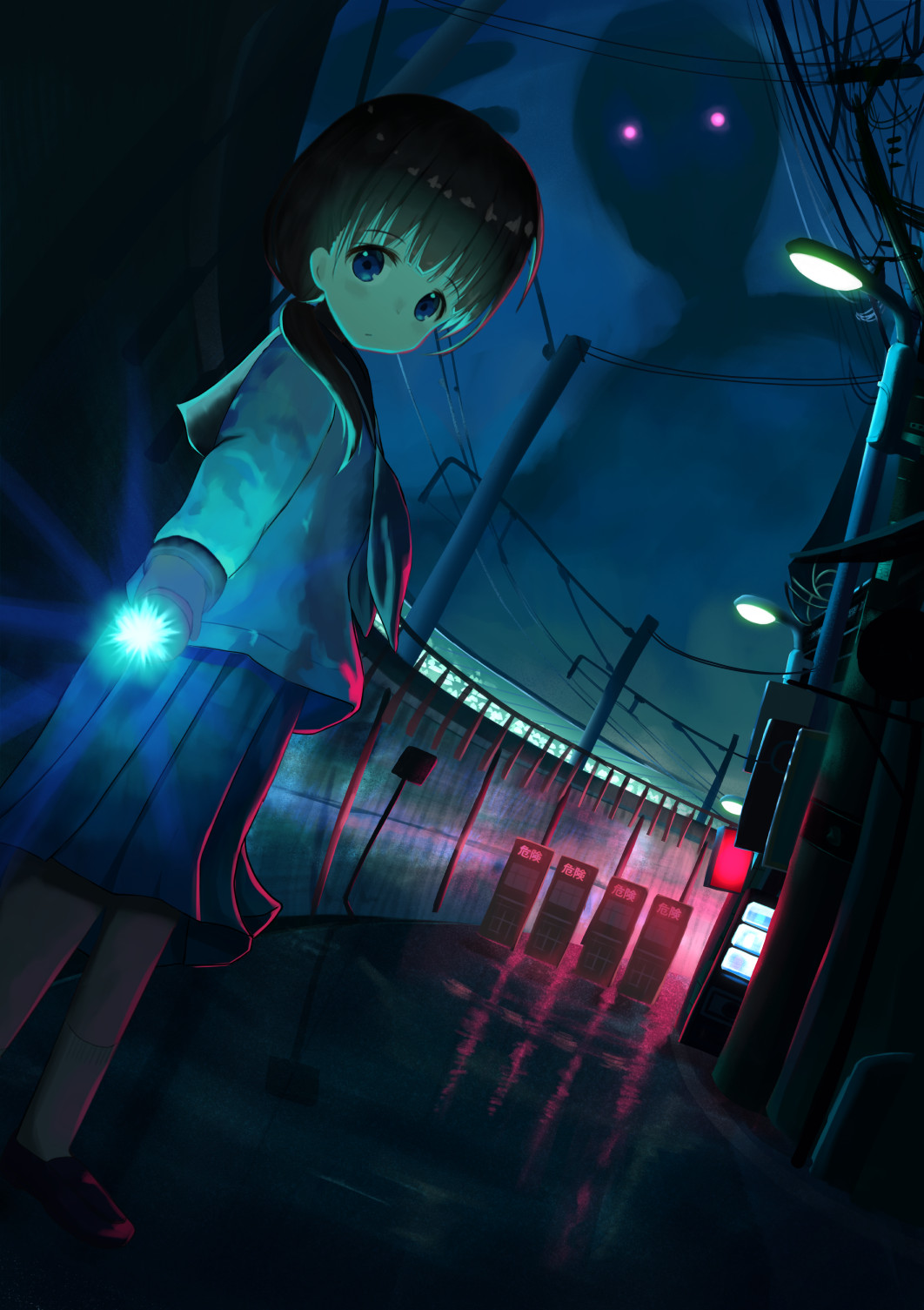 1girl bangs black_neckwear black_sailor_collar blue_eyes blue_skirt brown_hair closed_mouth commentary_request dutch_angle eyebrows_visible_through_hair flashing glowing hair_over_shoulder highres holding lamppost long_hair long_sleeves low_twintails mimikaki_(men_bow) neckerchief night night_sky original outdoors pleated_skirt power_lines reflection road sailor_collar school_uniform serafuku shirt skirt sky solo standing twintails water white_shirt