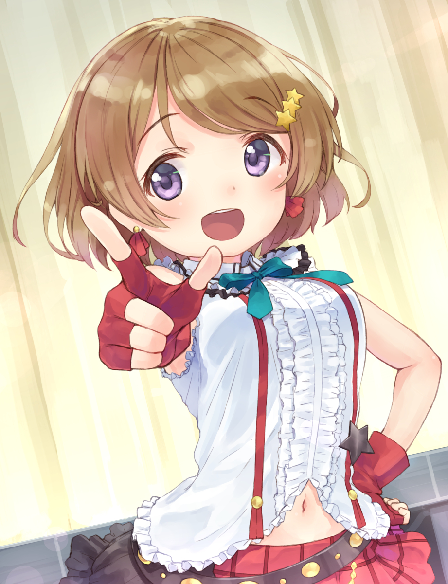 1girl bare_arms bokura_wa_ima_no_naka_de breasts ear_piercing eichisu fingerless_gloves frills gloves hair_ornament highres koizumi_hanayo looking_at_viewer love_live! love_live!_school_idol_project miniskirt navel open_mouth piercing short_hair skirt smile standing violet_eyes