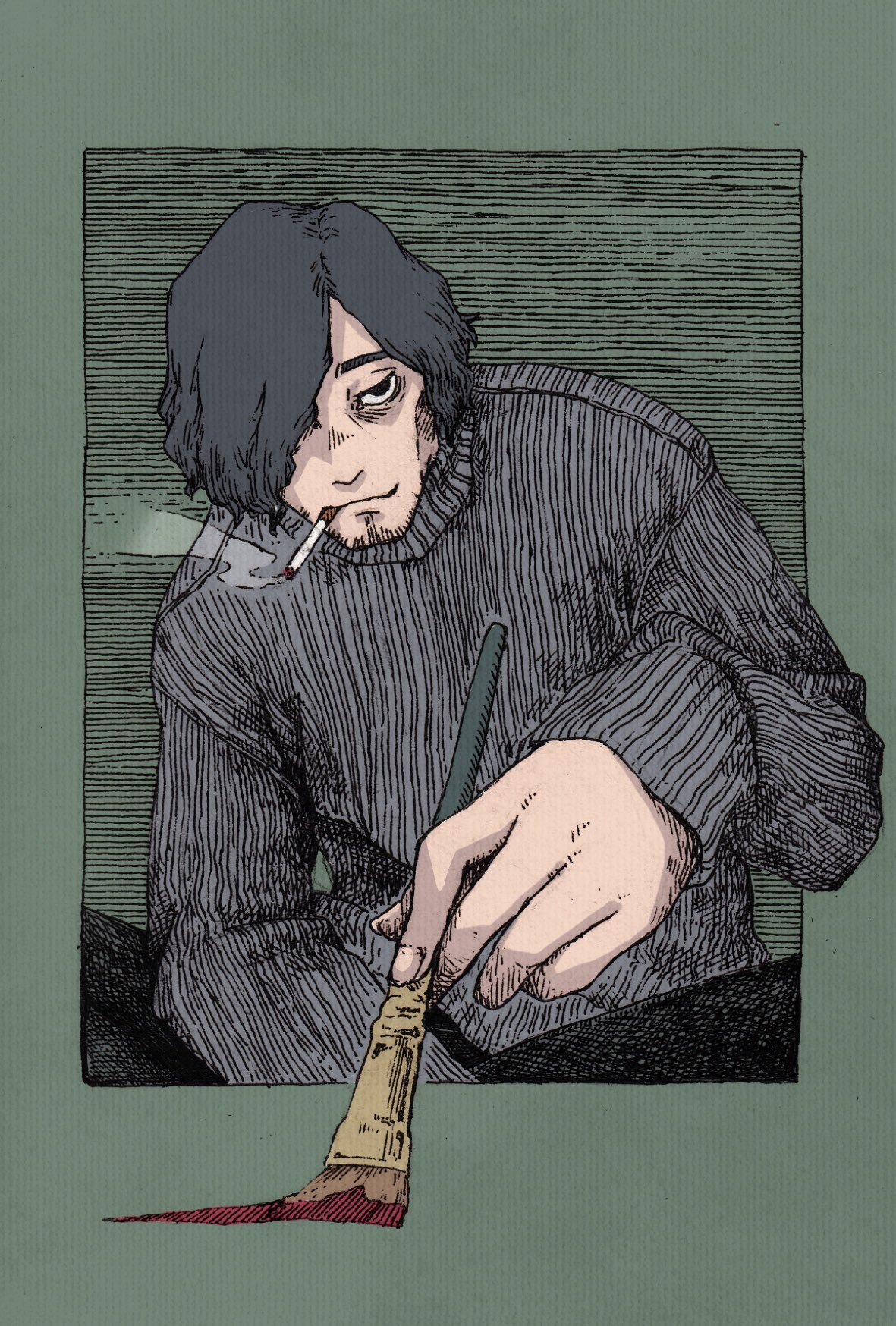 1boy black_eyes black_hair black_sweater cigarette closed_mouth facial_hair fingernails green_background hair_over_one_eye hatching_(texture) highres holding holding_paintbrush male_focus mu1357 original paint paintbrush painting ribbed_sweater simple_background smile smoking solo sweater