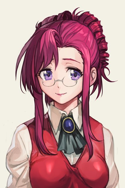 1girl breasts closed_mouth glasses hankuri kazami_mizuho looking_at_viewer onegai_teacher redhead short_hair simple_background smile solo upper_body violet_eyes