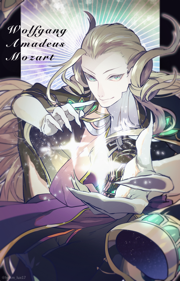 1boy blonde_hair character_name claws drill_hair drill_locks elbow_gloves fate/grand_order fate_(series) gloves green_eyes hinoe_(right-hnxx03) jacket_on_shoulders long_hair long_sleeves male_focus solo sparkle very_long_hair wolfgang_amadeus_mozart_(fate/grand_order)