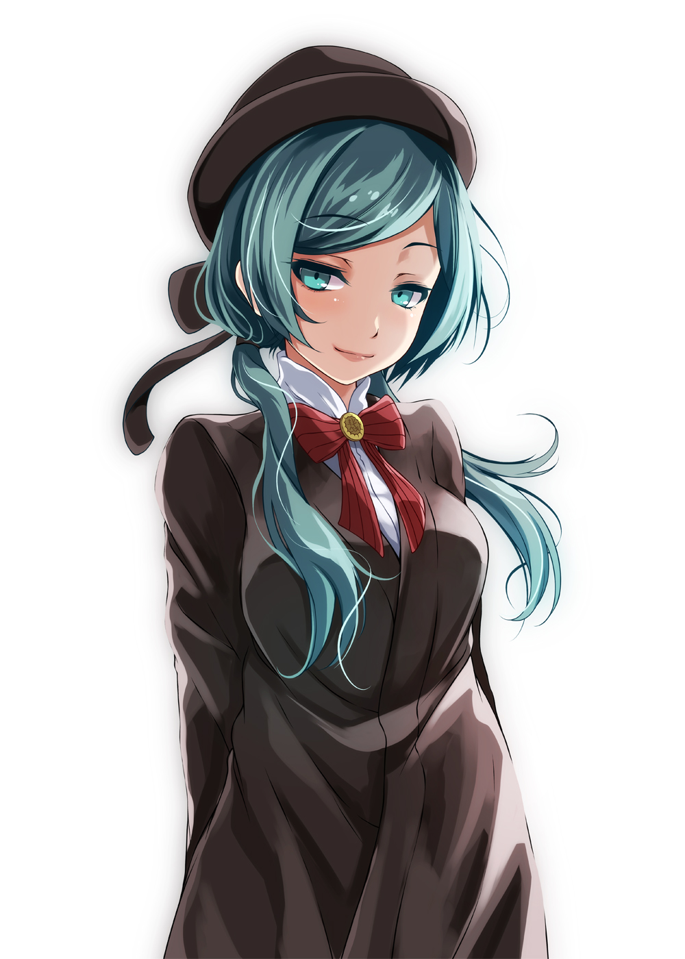 1girl arms_behind_back bangs blue_eyes blue_hair bow bowtie brown_cardigan closed_mouth dress_shirt floating_hair hatsune_miku highres long_hair long_sleeves looking_at_viewer low_twintails parted_bangs red_bow red_neckwear ren'ai_saiban_(vocaloid) shiny shiny_hair shirt simple_background smile solo standing tsukishiro_saika twintails very_long_hair vocaloid white_background white_shirt