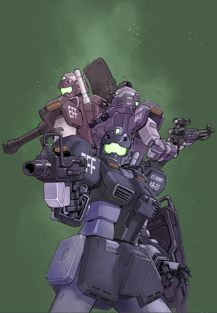 antennae armor bazooka_(gundam) beam_saber gm_(mobile_suit) gun gundam gundam_side_story:_rise_from_the_ashes looking_back machine_gun machinery mecha no_humans rifle rocket_launcher saitani_umetarou shield sniper_rifle sniper_scope weapon