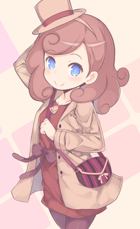 1girl arm_up bag bangs bell blue_eyes bow brown_bow brown_hair brown_hairband brown_headwear brown_jacket brown_legwear closed_mouth dress eyebrows_visible_through_hair hairband jacket katrielle_layton kurasuke layton's_mystery_journey long_hair long_sleeves looking_at_viewer open_clothes open_jacket pantyhose red_dress shoulder_bag smile solo tilted_headwear