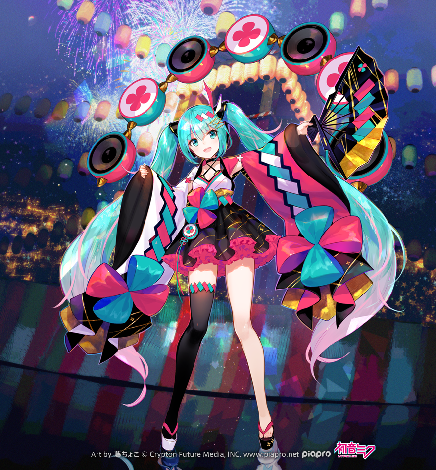 1girl :d aerial_fireworks aqua_eyes aqua_hair bangs black_footwear black_legwear black_skirt commentary_request eyebrows_visible_through_hair fan fireworks folding_fan fuji_choko gradient_hair hair_between_eyes hair_ornament hairclip hatsune_miku head_tilt holding holding_fan lantern long_hair long_sleeves looking_at_viewer mismatched_footwear multicolored_hair night night_sky open_mouth outdoors paper_lantern pink_hair platform_footwear pleated_skirt sidelocks single_thighhigh skirt sky sleeves_past_wrists smile solo thigh-highs twintails very_long_hair vocaloid watermark white_footwear wide_sleeves x_hair_ornament