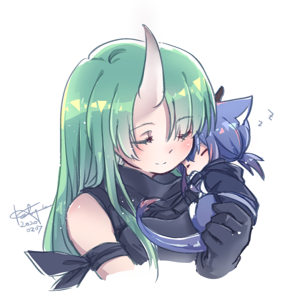 2girls animal_ears animalization arknights bangs black_shorts blush cat_ears ch'en_(arknights) chibi closed_eyes cropped_torso dated dragon_tail eyebrows_visible_through_hair fingerless_gloves gloves green_hair hair_between_eyes horn horns hoshiguma_(arknights) hug keluy long_hair multiple_girls shorts signature sleeveless tail white_background