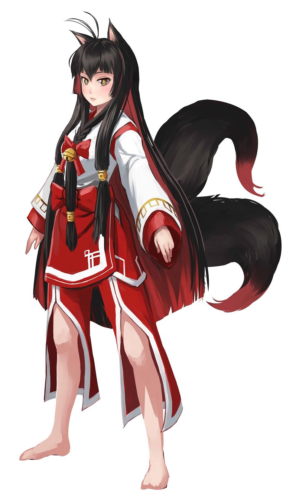 1girl animal_ears antenna_hair arms_at_sides barefoot bell blush bow braid brown_eyes brown_hair commentary_request fox_ears fox_girl fox_tail full_body hair_bell hair_bow hair_ornament highres japanese_clothes jingle_bell kimono legs_apart long_hair long_sleeves looking_at_viewer maritan_(pixelmaritan) multicolored_hair multiple_tails original red_bow redhead simple_background solo tail two-tone_hair two_tails very_long_hair white_background wide_sleeves