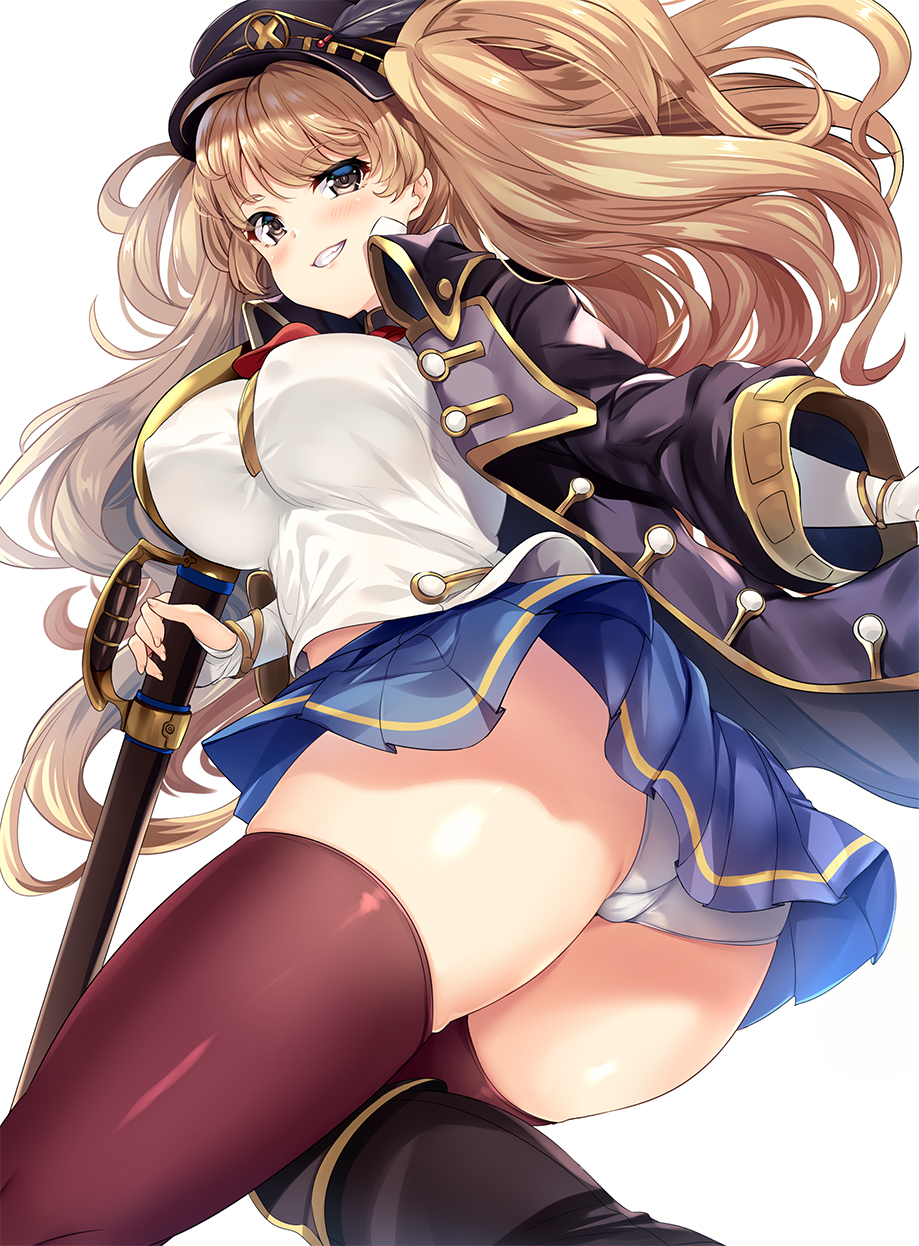 1girl blonde_hair blush breasts feathers granblue_fantasy hat highres hinata_sora large_breasts long_hair monika_weisswind panties peaked_cap pleated_skirt skirt solo sword thigh-highs twintails underwear weapon yellow_eyes