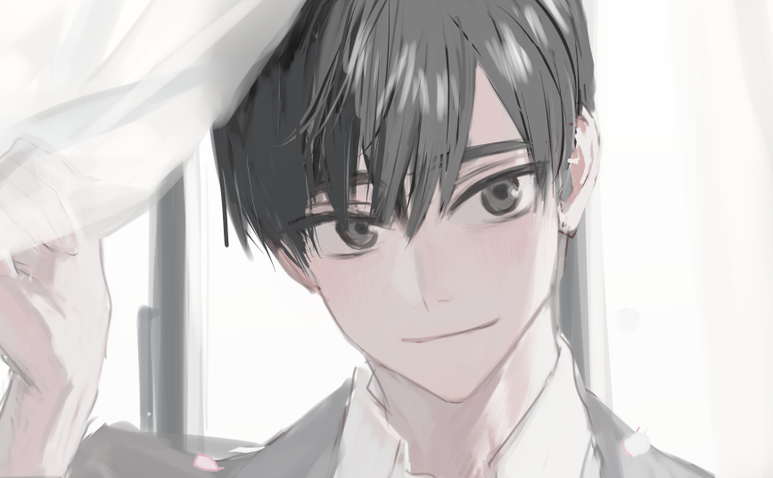 1boy closed_mouth collared_shirt grey_eyes grey_hair grey_jacket hand_up head_tilt hirota_tsuu jacket looking_at_viewer male_focus original portrait shirt smile solo white_shirt wing_collar