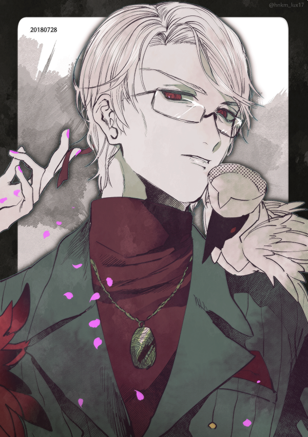 1boy alternate_hairstyle animal animal_on_shoulder antonio_salieri_(fate/grand_order) bangs bespectacled bird crow disembodied_hands fate/grand_order fate_(series) formal glasses hinoe_(right-hnxx03) jewelry male_focus necklace petals pinstripe_suit red_eyes red_shirt shirt solo striped suit swept_bangs turtleneck white_hair