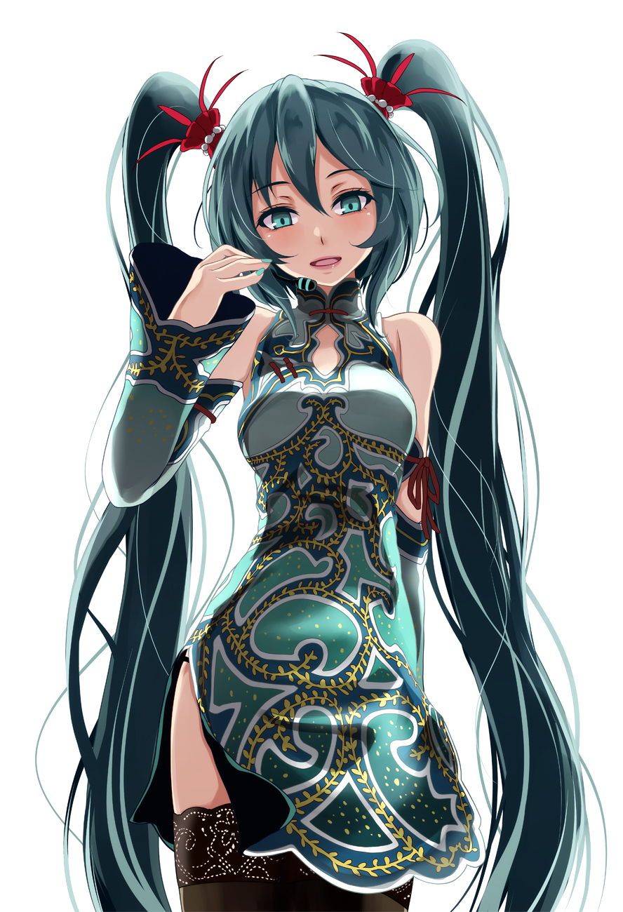 1girl :d arm_behind_back bangs black_legwear blue_dress blue_eyes blue_hair blue_sleeves china_dress chinese_clothes cowboy_shot detached_sleeves dress eyebrows_visible_through_hair floating_hair hair_between_eyes hair_ornament hatsune_miku highres long_hair long_sleeves looking_at_viewer open_mouth print_dress project_diva_(series) red_ribbon ribbon shiny shiny_hair short_dress side_slit sleeveless sleeveless_dress smile solo standing suigyoku_(module) thigh-highs tsukishiro_saika very_long_hair vocaloid