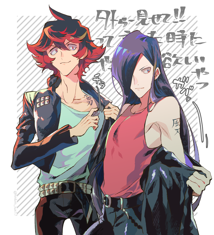 2boys adjusting_clothes black_jacket blue_hair gueira hair_over_one_eye hinoe_(right-hnxx03) jacket leather leather_jacket long_hair male_focus meis_(promare) multiple_boys off_shoulder open_clothes open_jacket promare red_eyes redhead shoulder_tattoo tattoo undressing