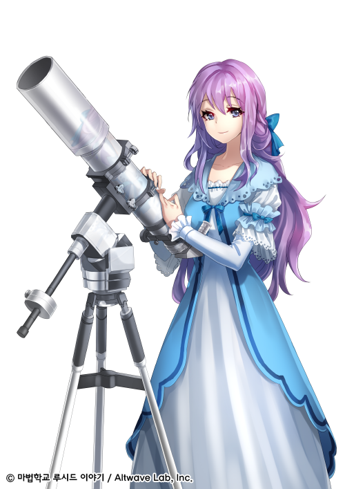 1girl bangs blue_bow blue_eyes bow closed_mouth collarbone dress floating_hair hair_between_eyes hair_bow interitio long_dress long_hair long_sleeves looking_at_viewer original purple_hair shiny shiny_hair simple_background smile solo standing telescope very_long_hair white_background white_dress