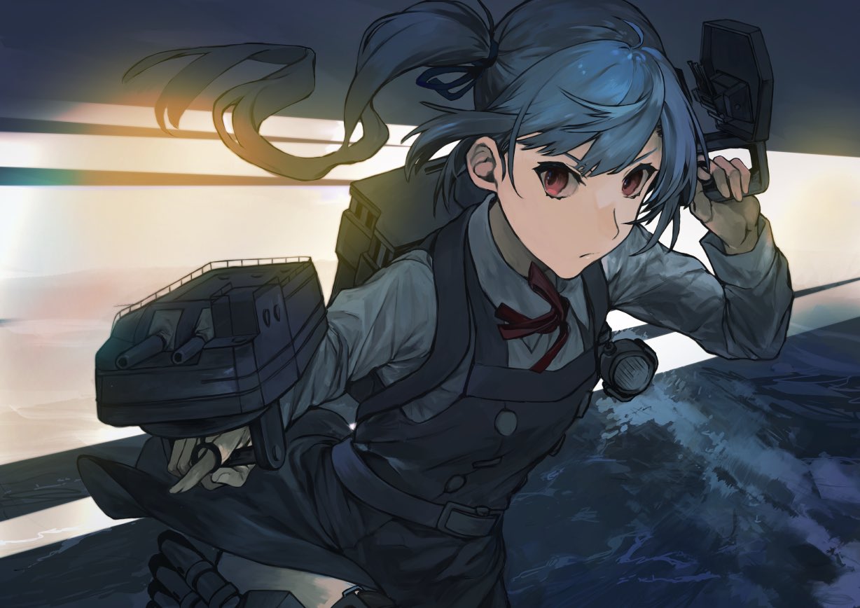 1girl adapted_turret black_ribbon brown_eyes cannon commentary_request cowboy_shot dress fukazaki grey_hair kantai_collection kasumi_(kantai_collection) light_beam long_hair long_sleeves looking_at_viewer machinery night outdoors pinafore_dress red_ribbon remodel_(kantai_collection) ribbon shirt side_ponytail solo turret waves white_shirt