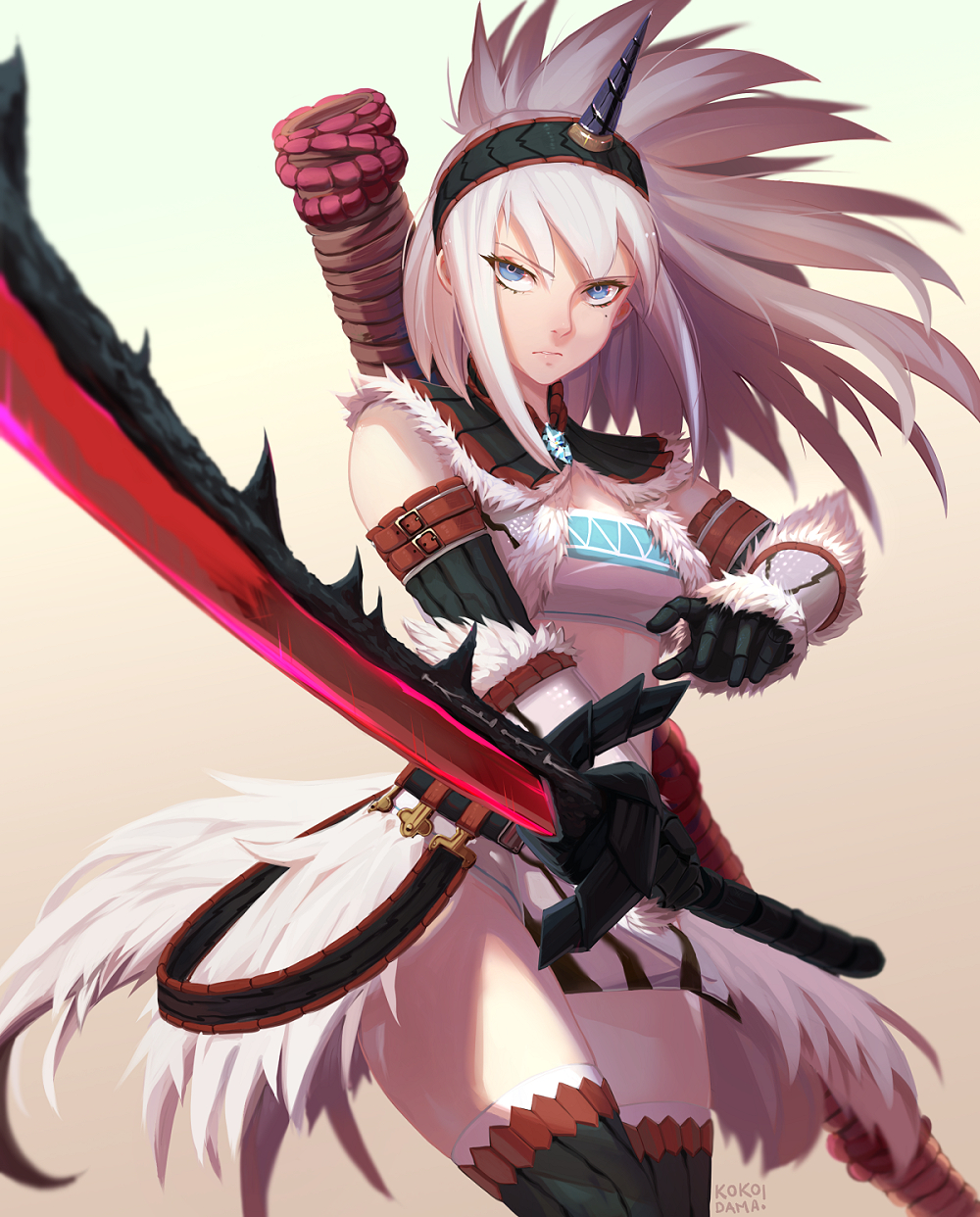 1girl bandeau bangs blue_eyes capcom closed_mouth cowboy_shot elbow_gloves fur_trim gloves hairband highres holding holding_sword holding_weapon katana kirin_(armor) kokodama looking_at_viewer mole mole_under_eye monster_hunter monster_hunter:_world navel sheath solo strapless sword thigh-highs weapon white_hair