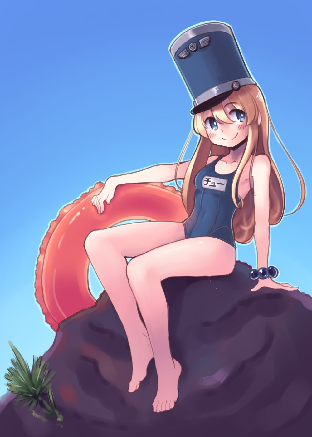 1girl arm_support bare_legs bare_shoulders barefoot blonde_hair blue_background blue_eyes blue_headwear blue_sky blue_swimsuit boa_(brianoa) bracelet bright_pupils character_request closed_mouth copyright_request day grass hat highres jewelry lifebuoy long_hair name_tag outdoors pearl_bracelet rock school_swimsuit shako_cap sitting sky smile solo swimsuit