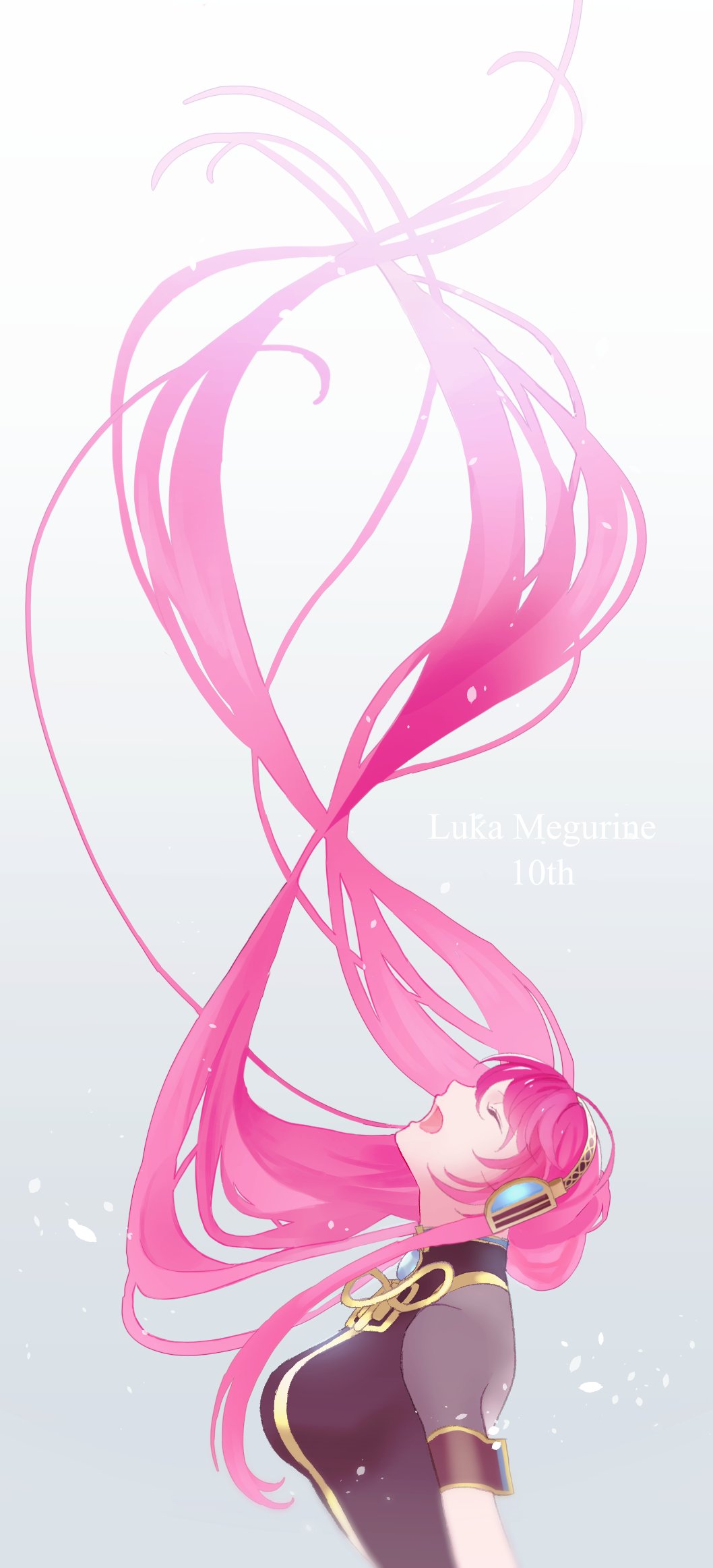 1girl breasts closed_eyes floating_hair headphones highres large_breasts long_hair looking_up makimura_(miwmiw-cage) megurine_luka music pink_hair profile singing solo upper_body very_long_hair vocaloid