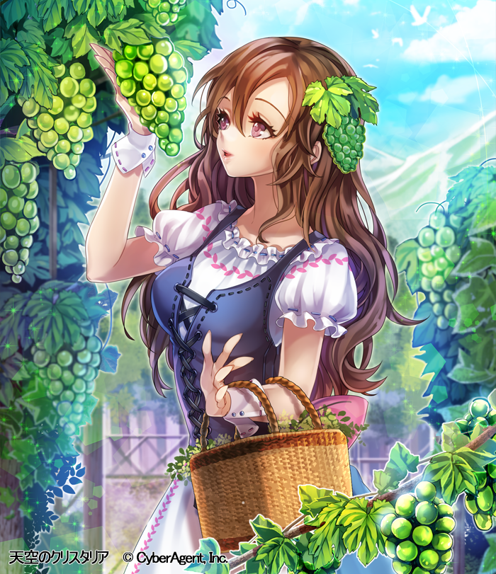 1girl basket brown_eyes brown_hair corset curly_hair day dress food fruit grapes hair_between_eyes hair_ornament holding holding_basket interitio long_hair open_mouth outdoors ribbon-trimmed_sleeves ribbon_trim shiny shiny_hair shirt short_sleeves solo standing tenkuu_no_crystalia very_long_hair white_dress white_shirt wrist_cuffs