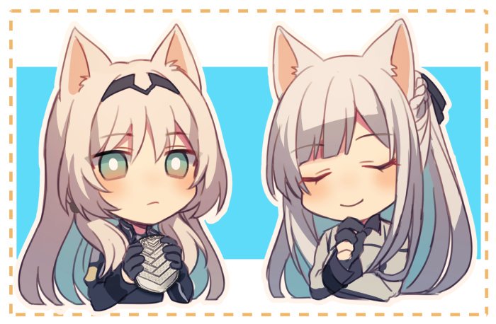 2girls ak-12_(girls_frontline) an-94_(girls_frontline) animal_ears black_gloves cat_ears chibi closed_eyes eyebrows_visible_through_hair facing_viewer girls_frontline gloves green_eyes hairband hiirotaka long_hair looking_at_viewer multiple_girls partly_fingerless_gloves white_hair