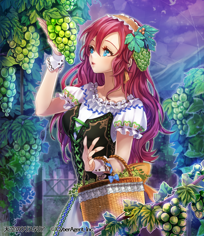 1girl :d basket blue_eyes breasts brown_headband bustier curly_hair dress food frilled_headband fruit grapes hair_ornament holding holding_basket interitio long_hair medium_breasts open_mouth outdoors redhead short_sleeves smile solo standing tenkuu_no_crystalia very_long_hair white_dress wrist_cuffs