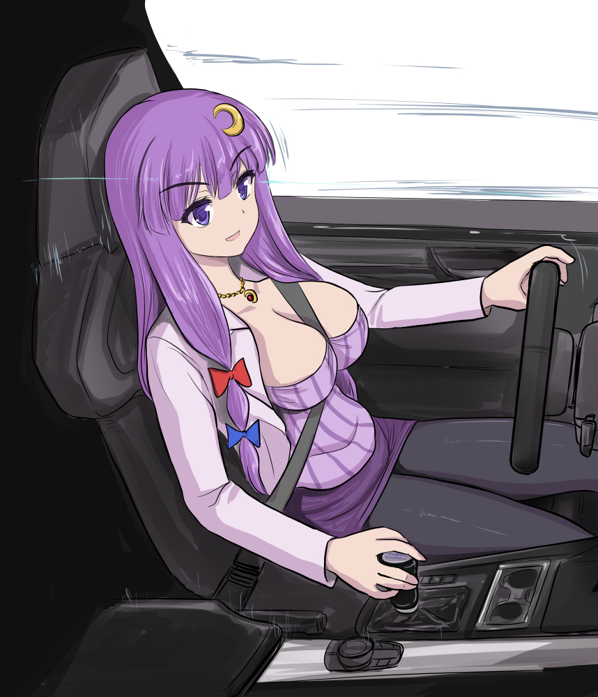 &gt;:) 1girl adapted_costume bangs between_breasts black_legwear blue_bow blunt_bangs bow breasts car_interior commentary_request contemporary crescent crescent_hair_ornament driving eyebrows_visible_through_hair hair_bow hair_ornament jacket jewelry large_breasts left-hand_drive long_hair miniskirt namiki_(remiter00) necklace no_hat no_headwear open_clothes open_jacket open_mouth patchouli_knowledge purple_hair purple_skirt red_bow seatbelt shirt sitting skirt smile solo steering_wheel strap_between_breasts striped striped_shirt touhou very_long_hair violet_eyes window