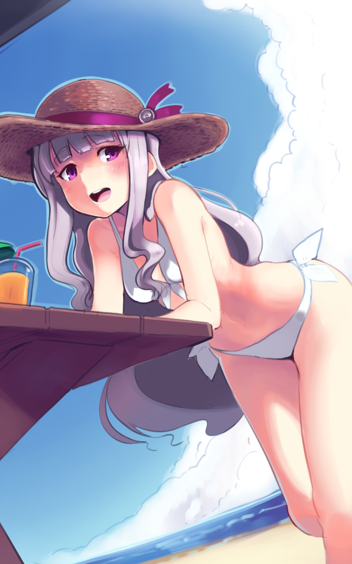1girl :d beach bikini blue_sky blush boa_(brianoa) breasts clouds drinking_straw dutch_angle english_horn eyebrows_visible_through_hair glass grey_hair hat highres idolmaster idolmaster_(classic) long_hair looking_at_viewer ocean open_mouth outdoors sand shijou_takane side-tie_bikini sky small_breasts smile solo standing sun_hat swimsuit very_long_hair violet_eyes white_bikini