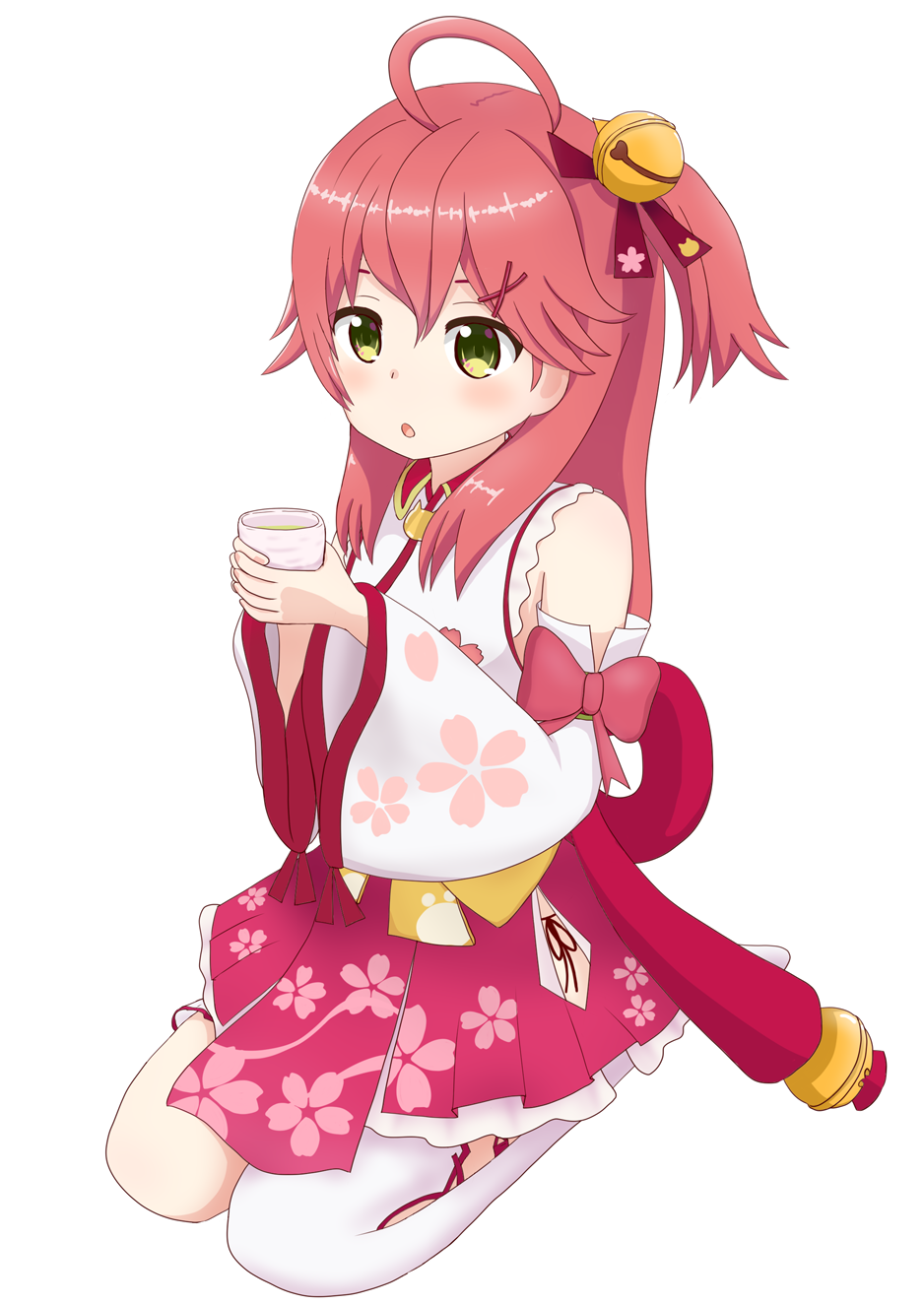 1girl :o ahoge bell bio012450 cherry_blossom_print cup detached_sleeves floral_print green_eyes hair_bell hair_ornament hairclip highres holding holding_cup hololive long_hair nontraditional_miko one_side_up pink_hair sakura_miko single_thighhigh solo tea thigh-highs virtual_youtuber white_background white_legwear wide_sleeves