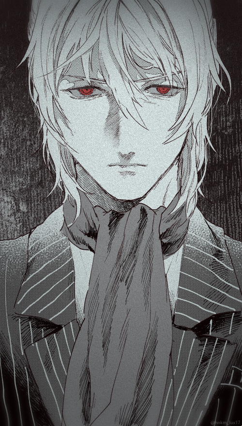 1boy antonio_salieri_(fate/grand_order) ascot fate/grand_order fate_(series) formal grey_hair hair_between_eyes hinoe_(right-hnxx03) male_focus pinstripe_suit portrait red_eyes scarf solo striped suit upper_body