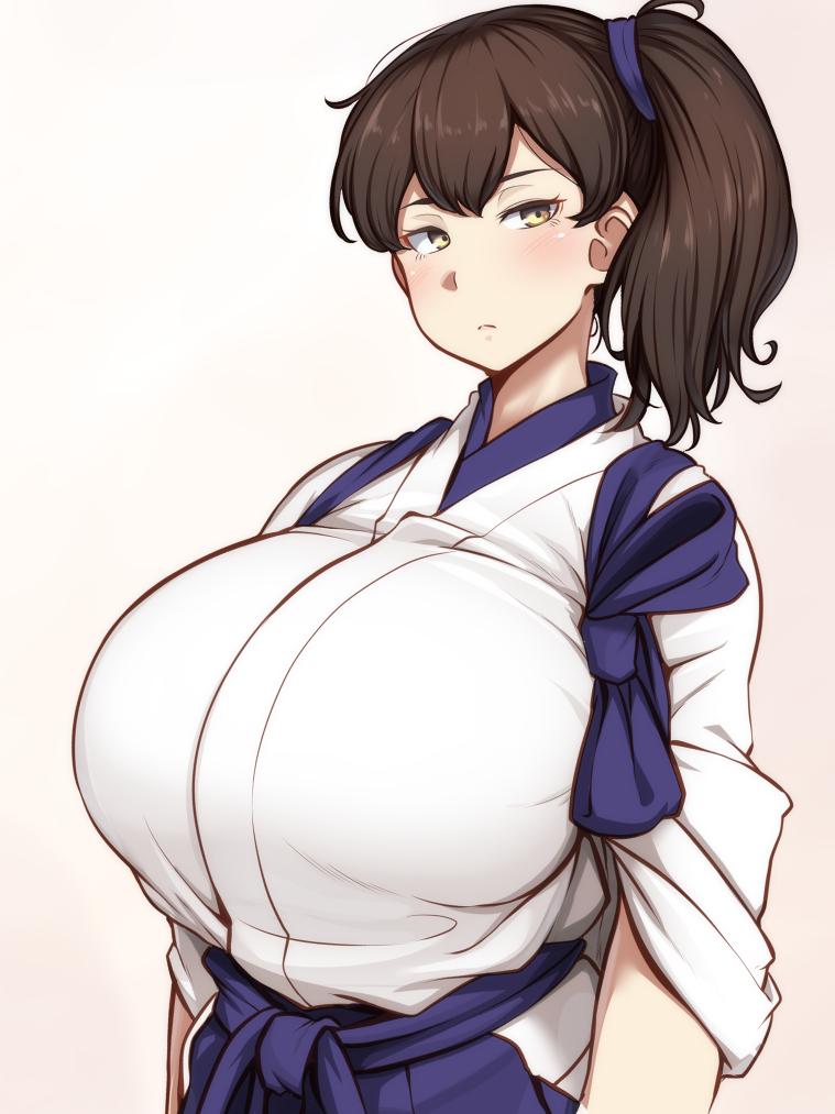 1girl blue_hakama breasts brown_hair commentary_request gradient gradient_background hakama huge_breasts japanese_clothes kaga_(kantai_collection) kantai_collection long_hair ryuun_(stiil) short_sidetail side_ponytail solo tasuki upper_body yellow_eyes