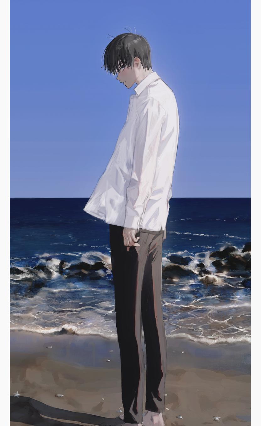 1boy barefoot beach black_eyes black_hair black_pants blue_sky collared_shirt from_side highres hirota_tsuu horizon long_sleeves looking_at_viewer looking_to_the_side ocean original outdoors pants parted_lips profile sand shirt sky solo standing usuzumi_kei white_shirt wing_collar